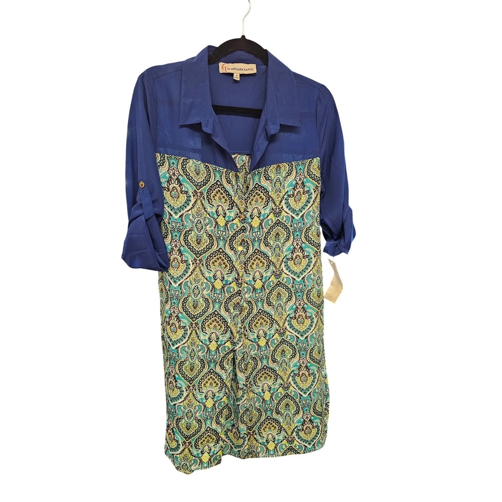 G by Giuliana Rancic Womens Blue Paisley Mixed Media Button Front Shirt Dress M